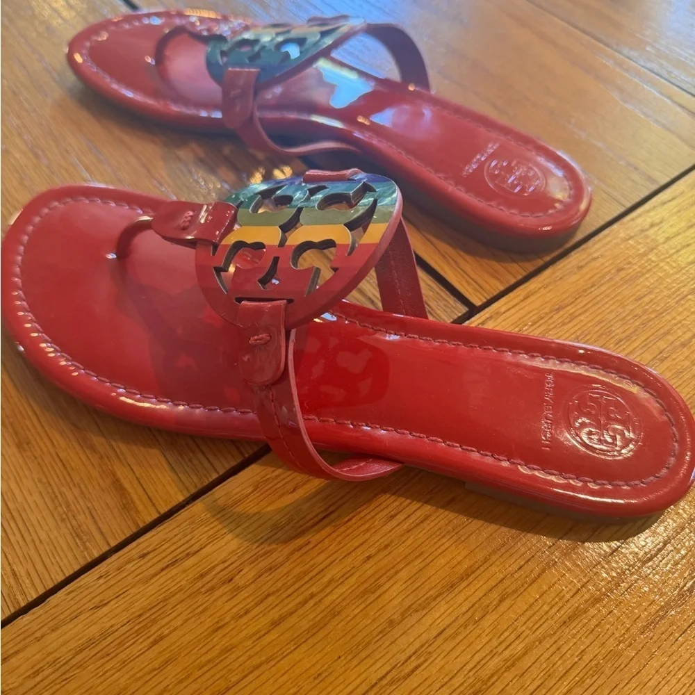 Tory Burch ruby red rainbow Miller sandals  limited edition , size 8.5 excellent